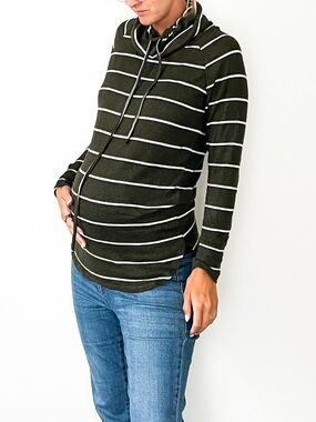 Olive And White Striped Maternity Cowl Neck Sweater
